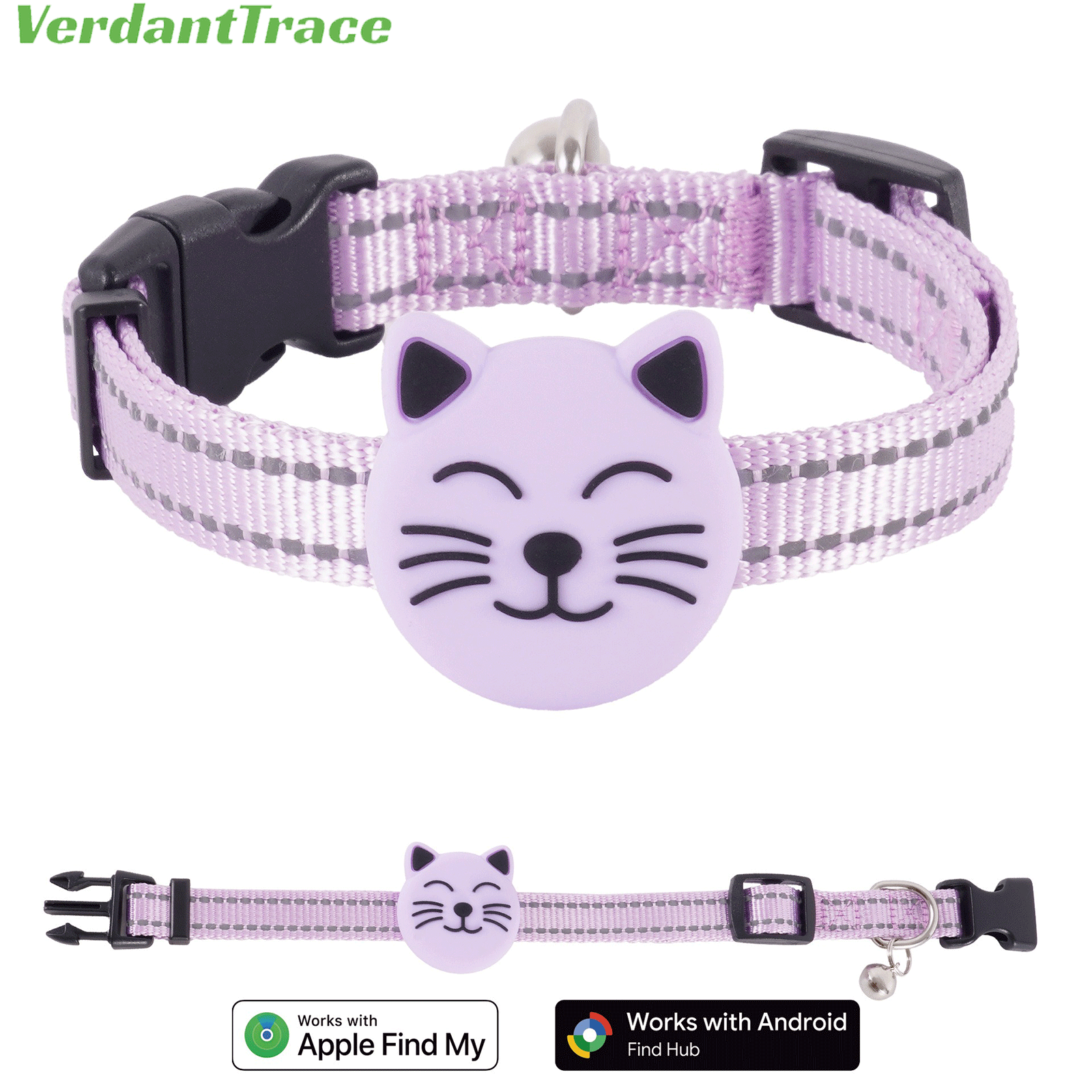 Purple VT22 pet finder tag collar for Apple Find My and Google Find Hub