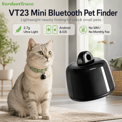 VerdantTrace VT23 mini Bluetooth pet finder worn by a cat with 2.7g lightweight and no SIM features