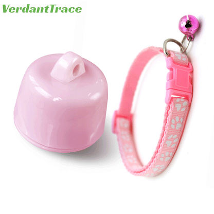 Pink VerdantTrace VT23 Bluetooth pet finder shown beside a matching pink pet collar