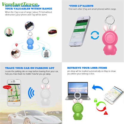 Black VerdantTrace VT24 mini Bluetooth tracker product view with keyring attachment