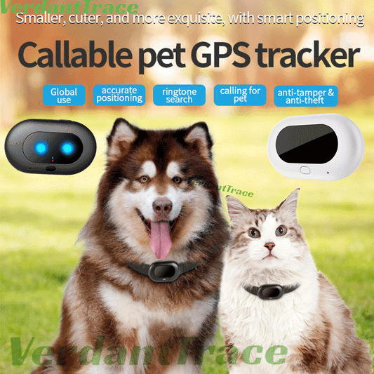 Dog and cat wearing VerdantTrace VT41 4G GPS pet trackers with light, sound and positioning features