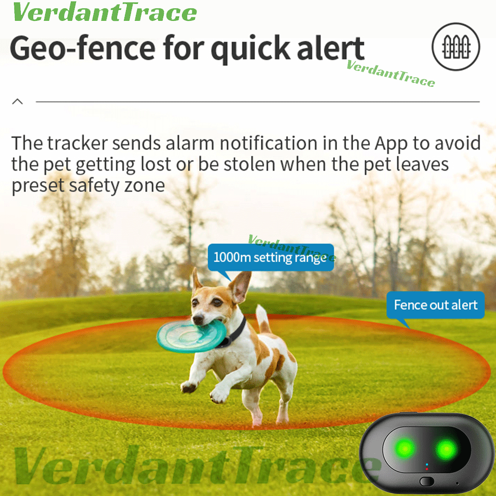 VT41 GPS pet tracker geofence illustration showing a dog inside a virtual safe zone with exit alerts