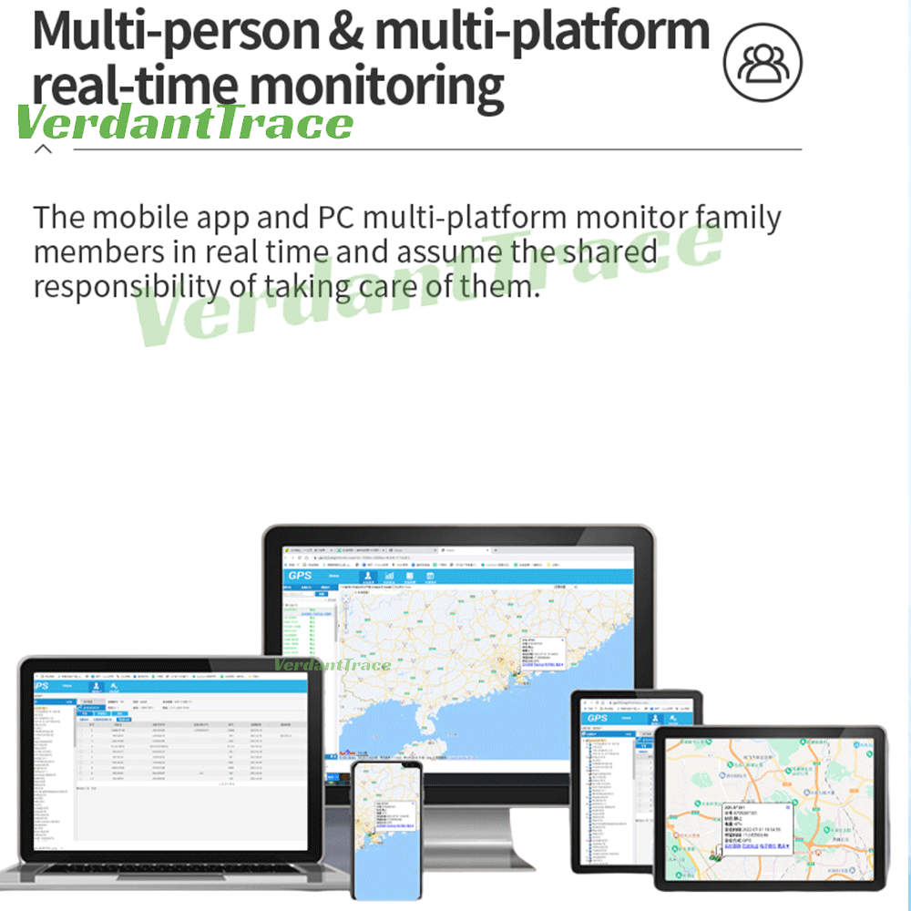 VT41 GPS tracking platform displayed across desktop, laptop, tablet and smartphone for shared pet location monitoring