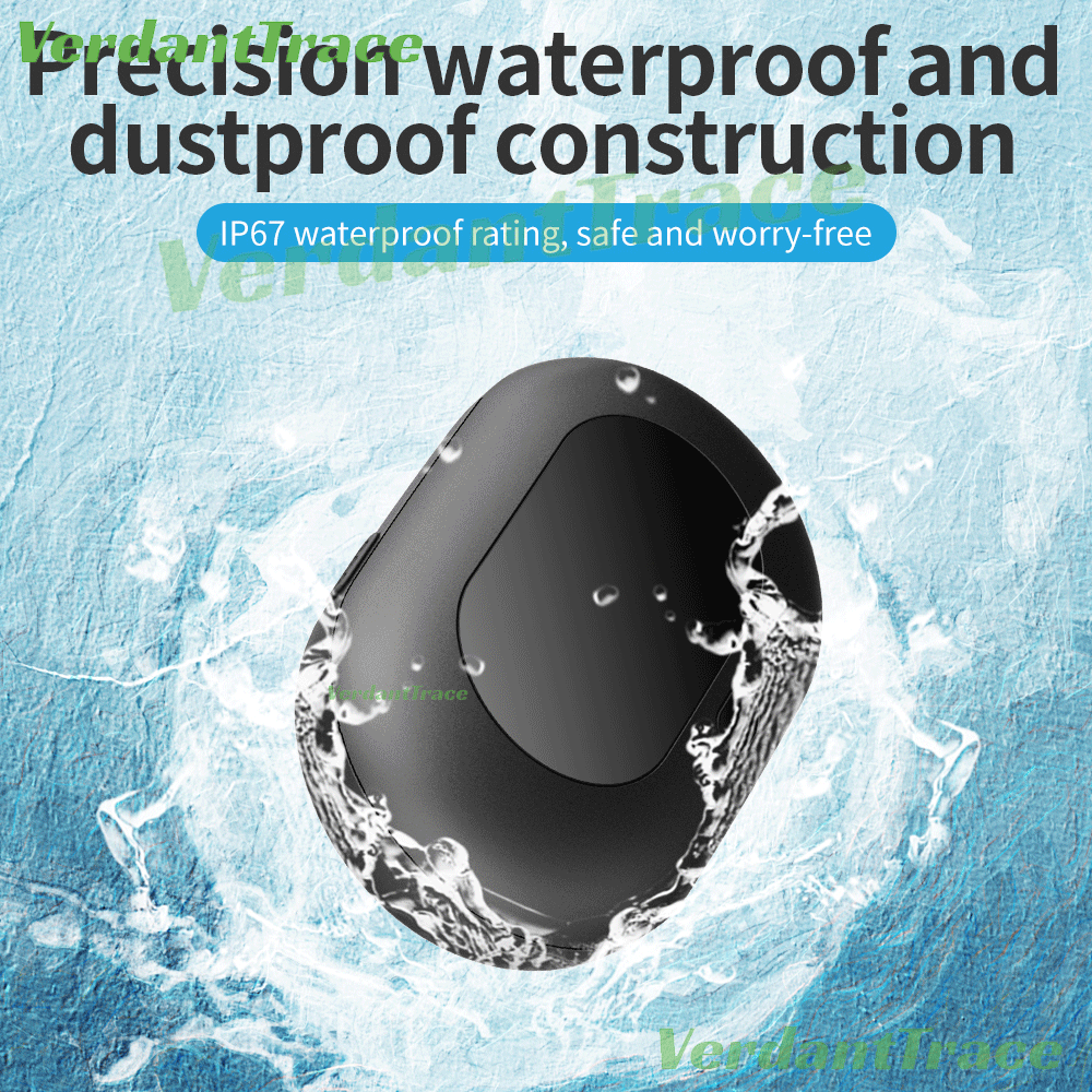 Black VerdantTrace VT41 IP67 GPS pet tracker shown with water splash protection