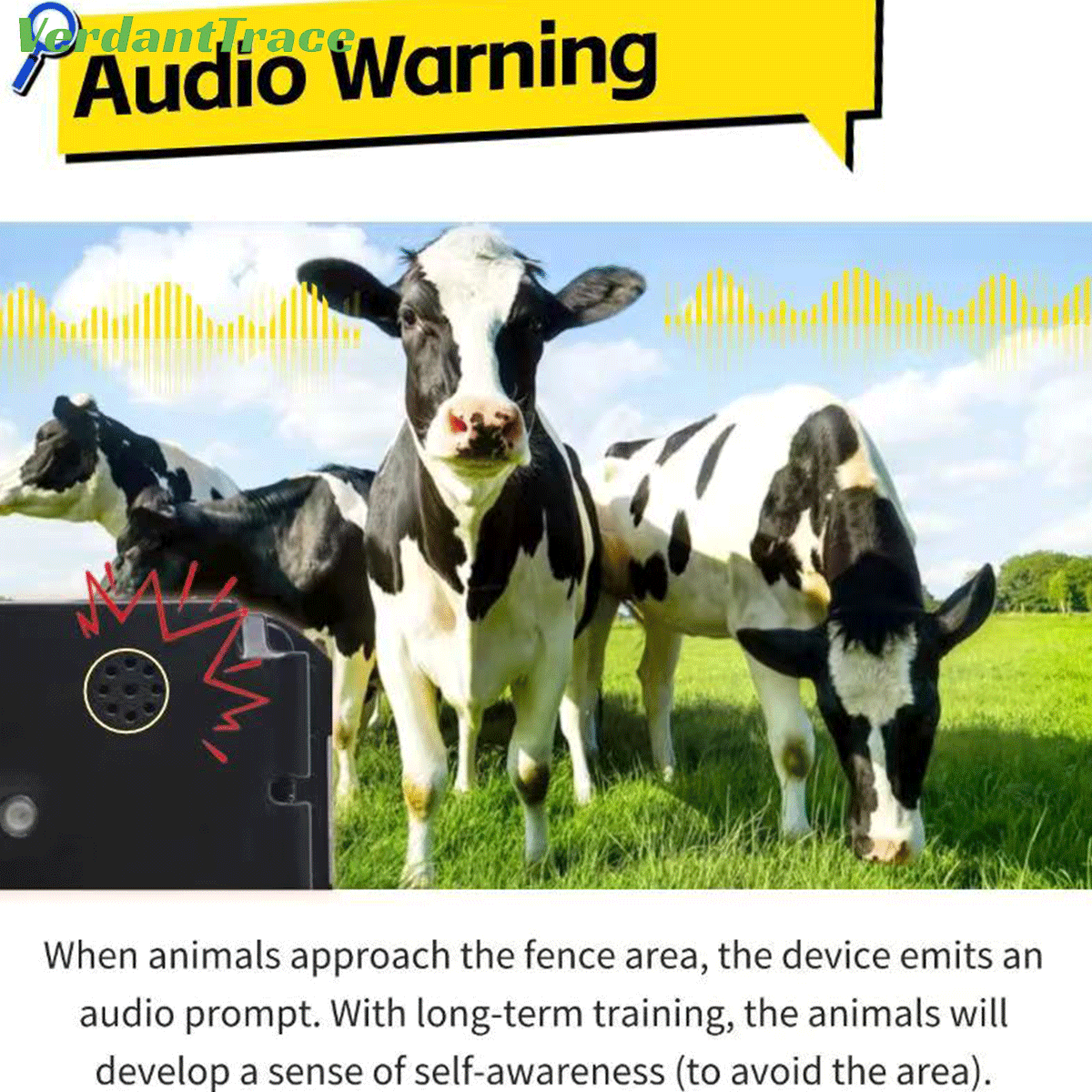 Cattle with a VTA7 livestock tracker illustration showing an audio warning near a pasture boundary