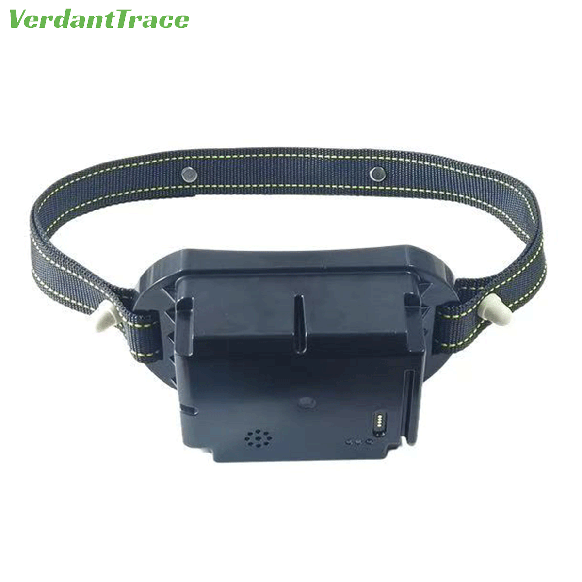 Front view of black VerdantTrace VTA7 livestock GPS tracking collar on a white background