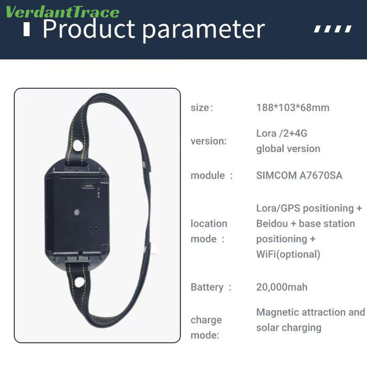 VerdantTrace VTA7 livestock GPS tracker specification chart showing the device and technical parameters