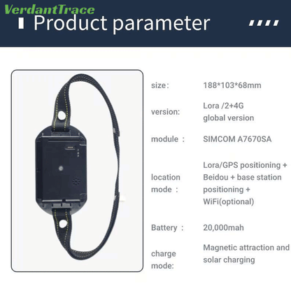 VerdantTrace VTA7 livestock GPS tracker specification chart showing the device and technical parameters
