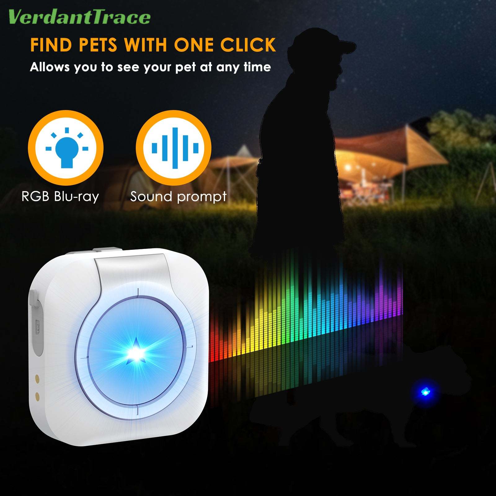 White VTC08 pet tracker glowing blue in a nighttime search scene
