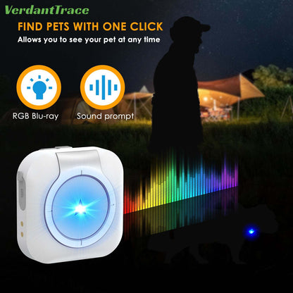 White VTC08 pet tracker glowing blue in a nighttime search scene
