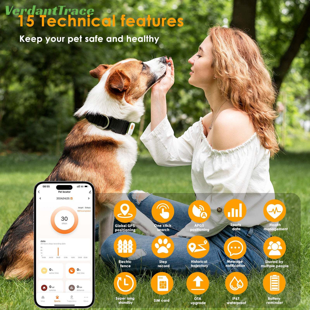Dog wearing a VTC08 pet tracker beside the mobile app feature screen