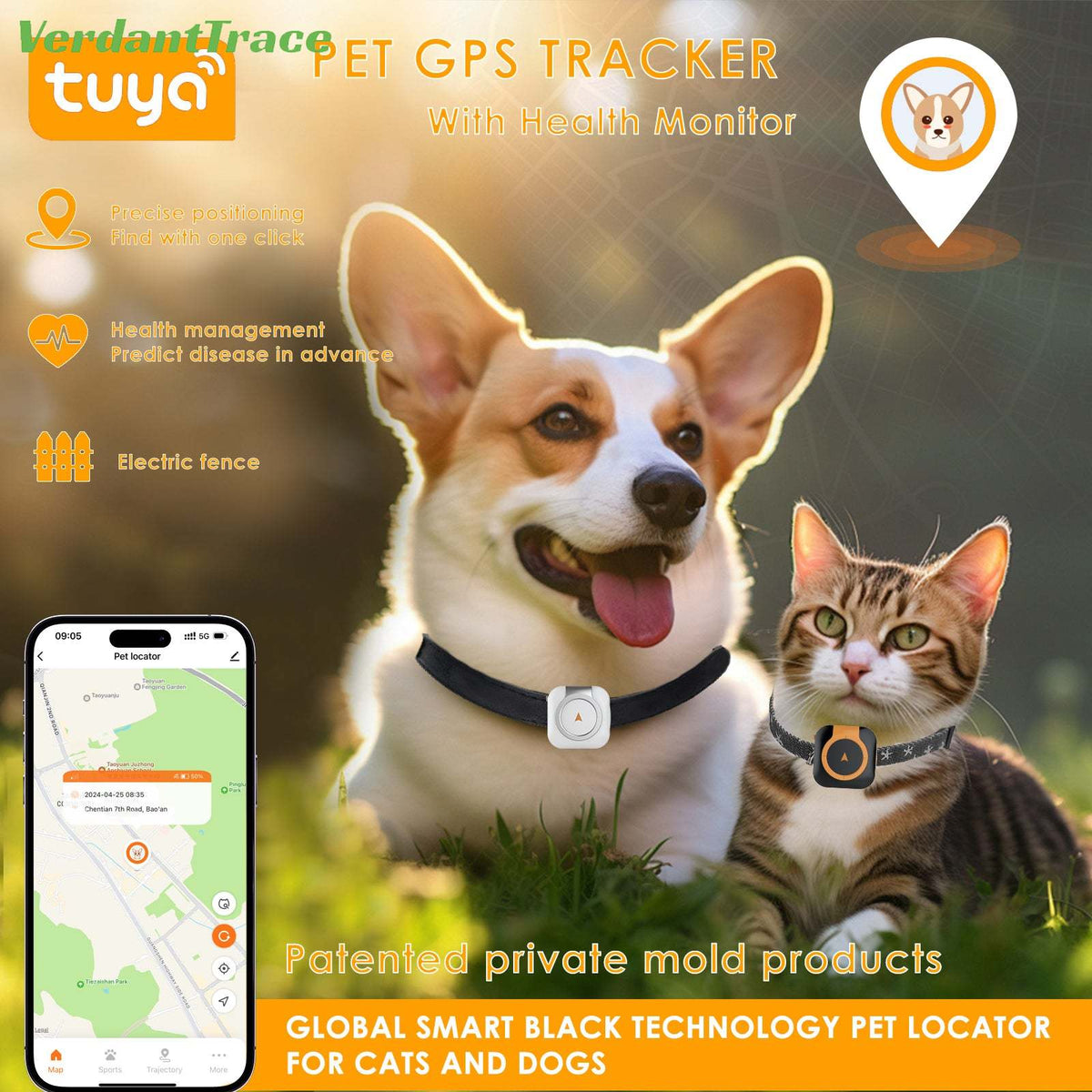 Dog and cat wearing VTC08 pet trackers beside a mobile map