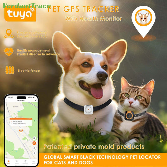 Dog and cat wearing VTC08 pet trackers beside a mobile map