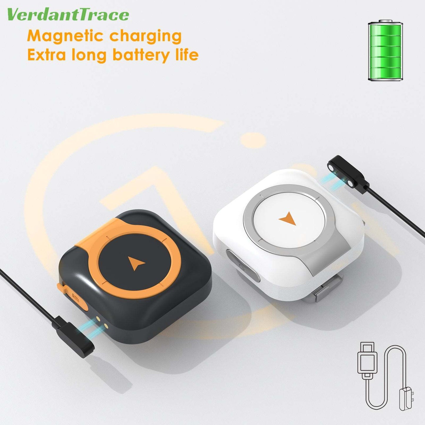 Black and white VTC08 pet trackers with magnetic charging cables
