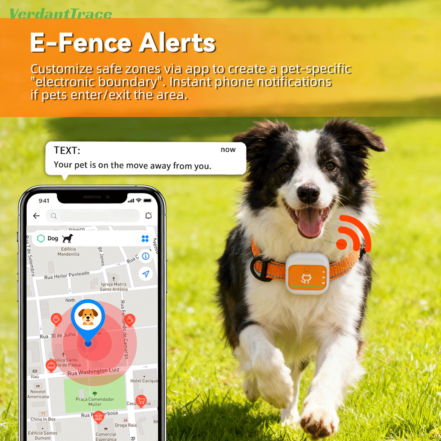 VTG1 GPS pet tracker geofence illustration showing a dog leaving a virtual safe zone and receiving an app alert