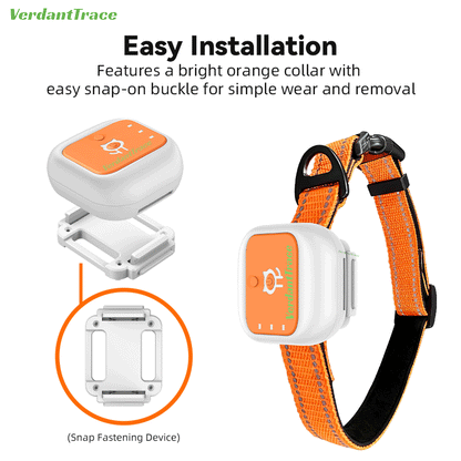 VerdantTrace VTG1 GPS pet tracker showing the removable snap-on collar mounting system