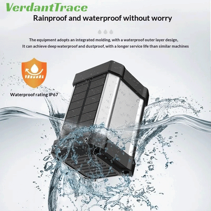 VerdantTrace VTH1 rugged livestock GPS tracker shown with water protection for outdoor ranch use